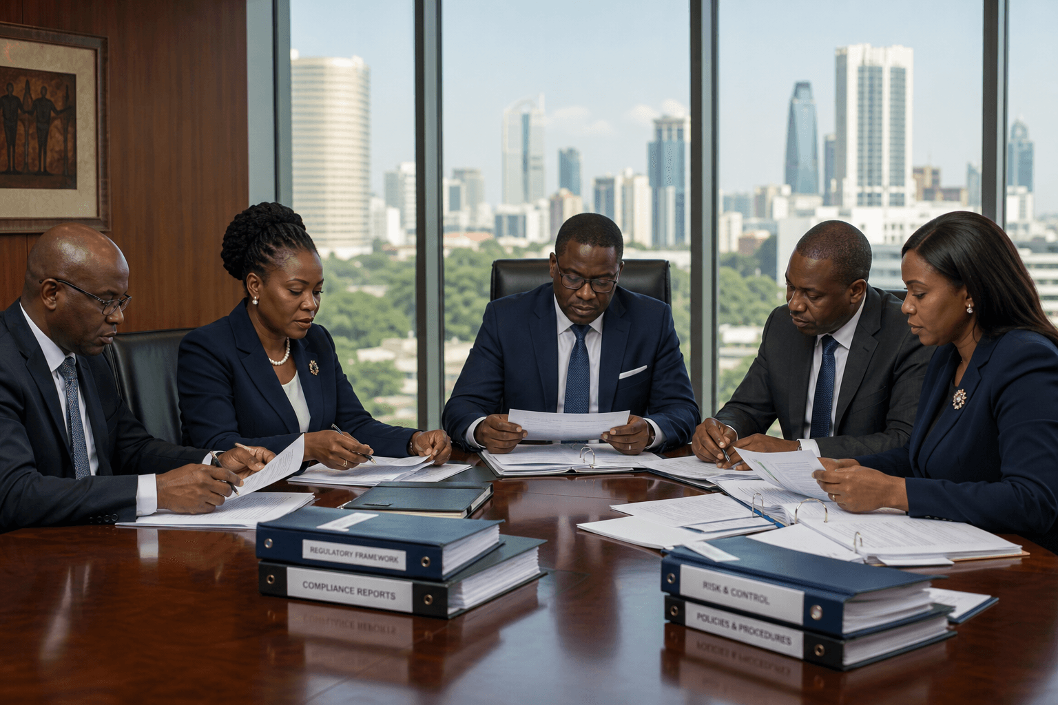 African compliance professionals reviewing regulatory binders and documentation in a corporate boardroom